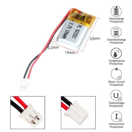 [PH2.0-JST Connector][521521] Universal 120mAh 3.7V Rechargeable Li-Ion Lithium Polymer Battery - Polar Tech Australia