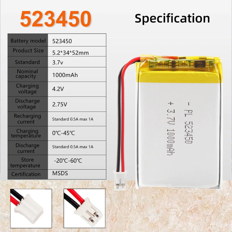Cargue la imagen en el visor de la galería, [PH2.0-JST Connector][523450] Universal 1000mAh 3.7V Rechargeable Li-Ion Lithium Polymer Battery - Polar Tech Australia
