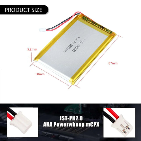 [PH2.0-JST Connector][525085] Universal 2000mAh 3.7V Rechargeable Li-Ion Lithium Polymer Battery - Polar Tech Australia