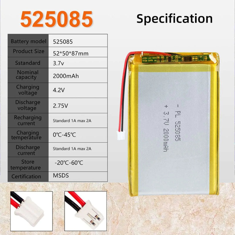 Cargue la imagen en el visor de la galería, [PH2.0-JST Connector][525085] Universal 2000mAh 3.7V Rechargeable Li-Ion Lithium Polymer Battery - Polar Tech Australia
