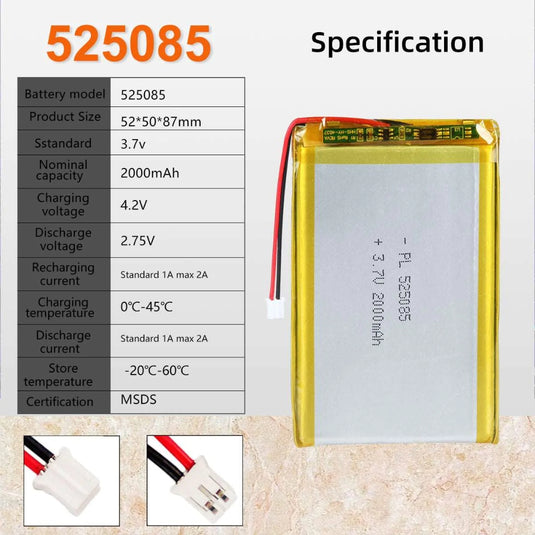 [PH2.0-JST Connector][525085] Universal 2000mAh 3.7V Rechargeable Li-Ion Lithium Polymer Battery - Polar Tech Australia