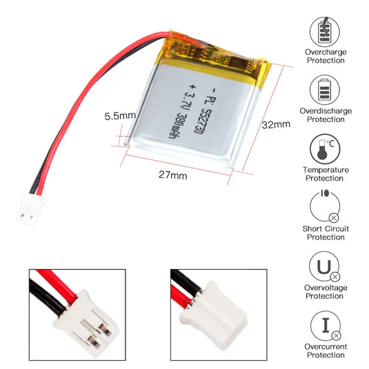 [PH2.0-JST Connector][552730] Universal 380mAh 3.7V Rechargeable Li-Ion Lithium Polymer Battery - Polar Tech Australia