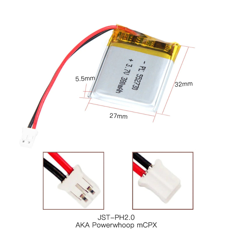 Cargue la imagen en el visor de la galería, [PH2.0-JST Connector][552730] Universal 380mAh 3.7V Rechargeable Li-Ion Lithium Polymer Battery - Polar Tech Australia
