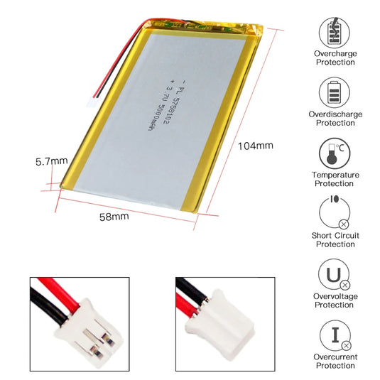 [PH2.0-JST Connector][5758102] Universal 5000mAh 3.7V Rechargeable Li-Ion Lithium Polymer Battery - Polar Tech Australia