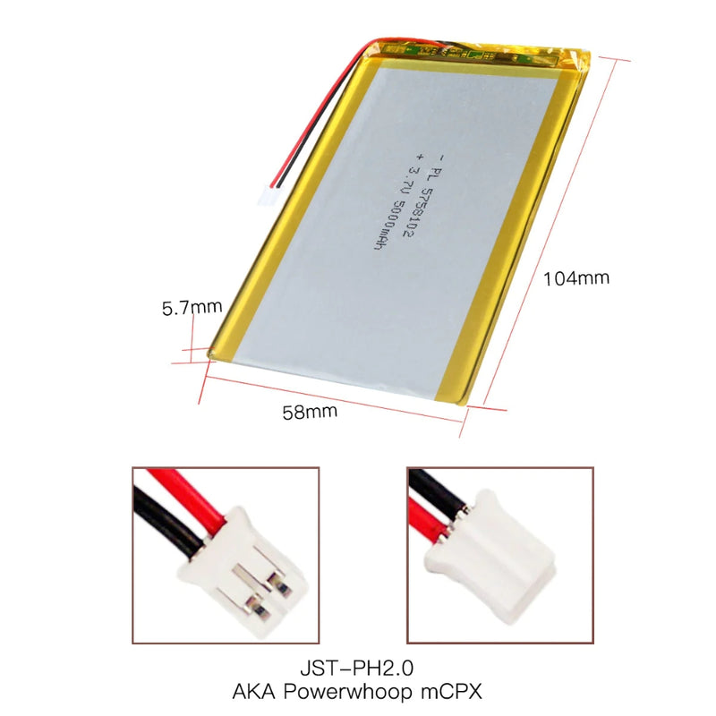 Cargue la imagen en el visor de la galería, [PH2.0-JST Connector][5758102] Universal 5000mAh 3.7V Rechargeable Li-Ion Lithium Polymer Battery - Polar Tech Australia
