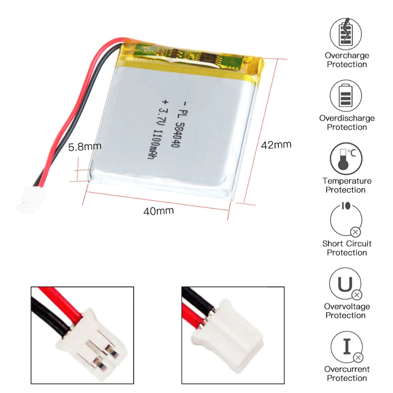 Cargue la imagen en el visor de la galería, [PH2.0-JST Connector][584040] Universal 1100mAh 3.7V Rechargeable Li-Ion Lithium Polymer Battery - Polar Tech Australia
