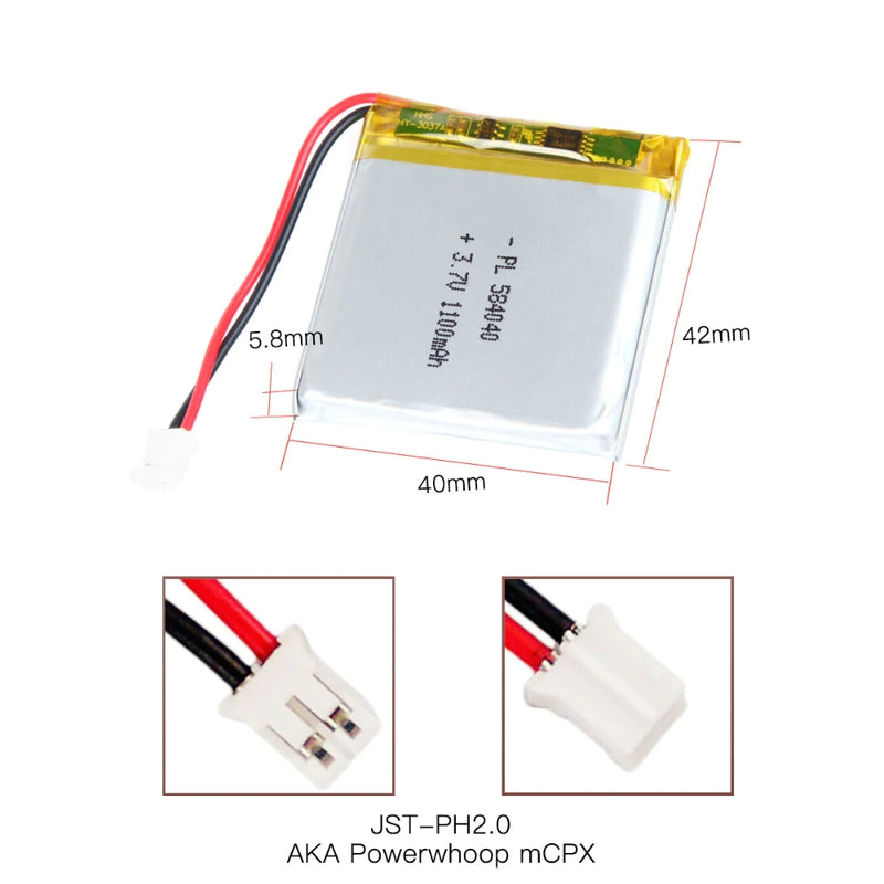Cargue la imagen en el visor de la galería, [PH2.0-JST Connector][584040] Universal 1100mAh 3.7V Rechargeable Li-Ion Lithium Polymer Battery - Polar Tech Australia
