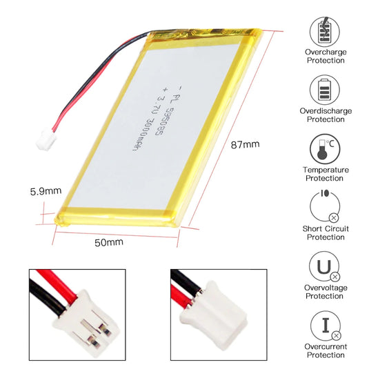 [PH2.0-JST Connector][595085] Universal 3000mAh 3.7V Rechargeable Li-Ion Lithium Polymer Battery - Polar Tech Australia