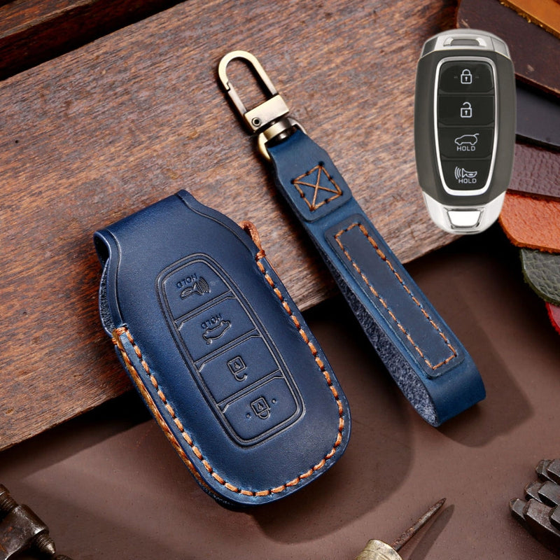 Chargez l&#39;image dans la visionneuse de la galerie, Hyundai Handcrafted Genuine Leather Car Key Fob Protective Case Cover For Santa Fe, Tucson, Palisade, Kona, Santa Fe, Azera

