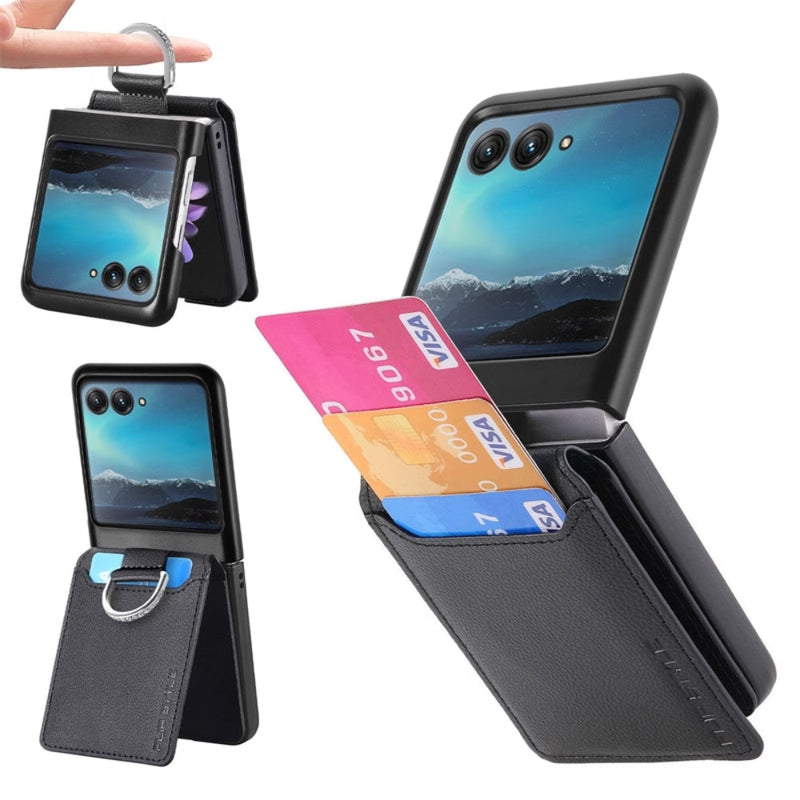 Cargue la imagen en el visor de la galería, [With Card Slot] Motorola Razr 50/Ultra - Litchi Texture Leather Ring Wallet Phone Case - Polar Tech Australia
