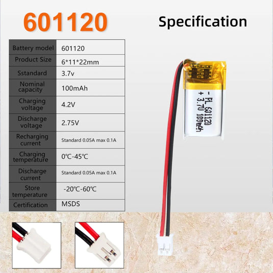 [PH2.0-JST Connector][601120/601120] Universal 100mAh 3.7V Rechargeable Li-Ion Lithium Polymer Battery - Polar Tech Australia