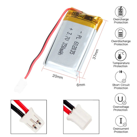 [PH2.0-JST Connector][602035] Universal 350mAh 3.7V Rechargeable Li-Ion Lithium Polymer Battery - Polar Tech Australia