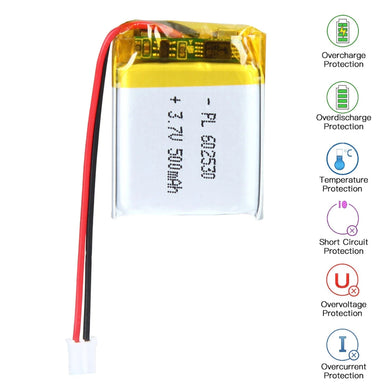 [PH2.0-JST Connector][602530] Universal 500mAh 3.7V Rechargeable Li-Ion Lithium Polymer Battery - Polar Tech Australia