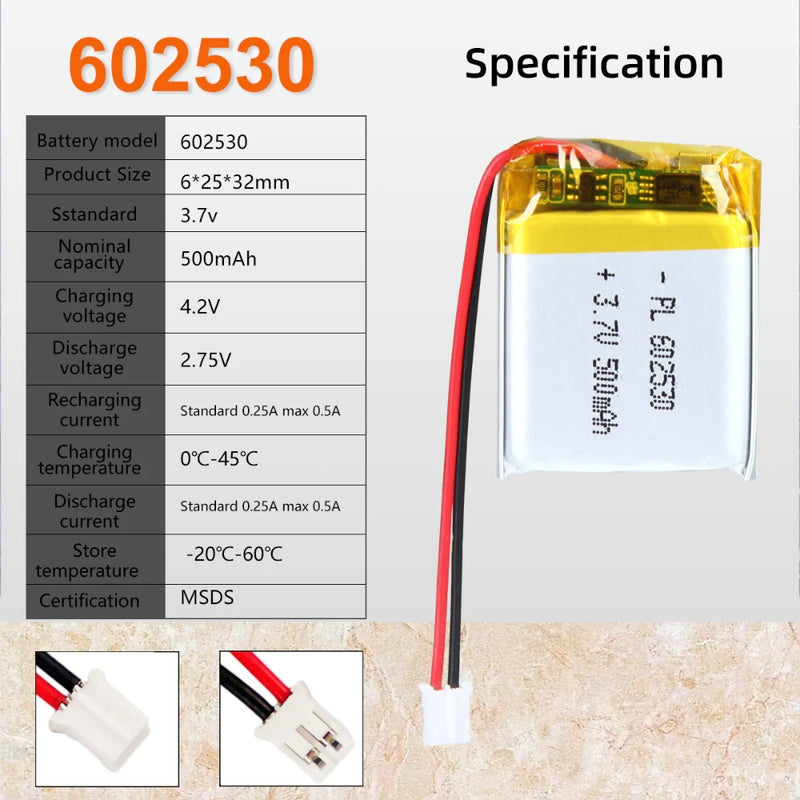 Cargue la imagen en el visor de la galería, [PH2.0-JST Connector][602530] Universal 500mAh 3.7V Rechargeable Li-Ion Lithium Polymer Battery - Polar Tech Australia
