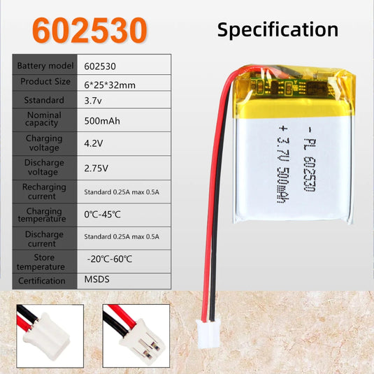 [PH2.0-JST Connector][602530] Universal 500mAh 3.7V Rechargeable Li-Ion Lithium Polymer Battery - Polar Tech Australia