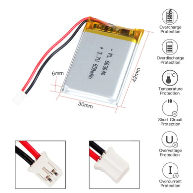 [PH2.0-JST Connector][603040] Universal 650mAh 3.7V Rechargeable Li-Ion Lithium Polymer Battery - Polar Tech Australia