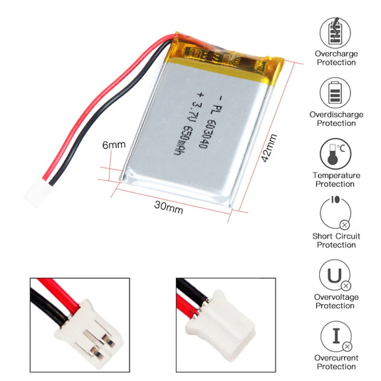 [PH2.0-JST Connector][603040] Universal 650mAh 3.7V Rechargeable Li-Ion Lithium Polymer Battery - Polar Tech Australia