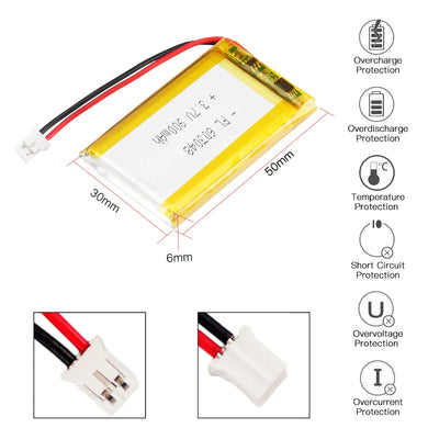 [PH2.0-JST Connector][603048] Universal 900mAh 3.7V Rechargeable Li-Ion Lithium Polymer Battery - Polar Tech Australia