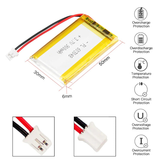 [PH2.0-JST Connector][603048] Universal 900mAh 3.7V Rechargeable Li-Ion Lithium Polymer Battery - Polar Tech Australia