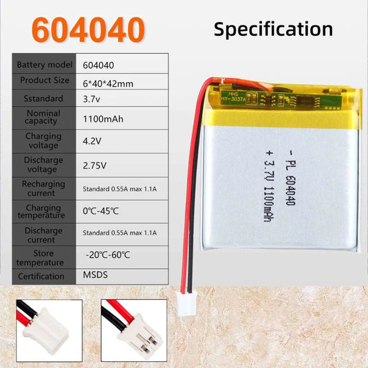 [PH2.0-JST Connector][604040] Universal 1100mAh 3.7V Rechargeable Li-Ion Lithium Polymer Battery - Polar Tech Australia