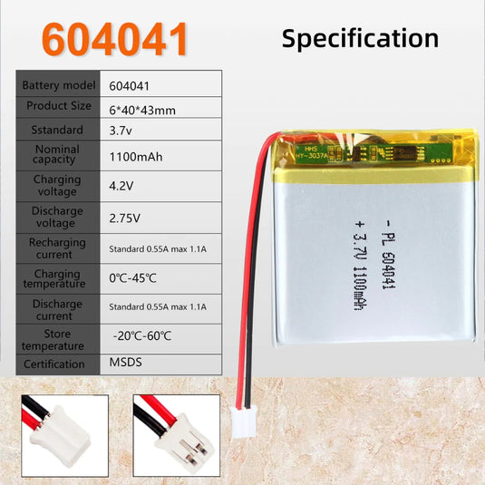 [PH2.0-JST Connector][604041] Universal 1100mAh 3.7V Rechargeable Li-Ion Lithium Polymer Battery - Polar Tech Australia