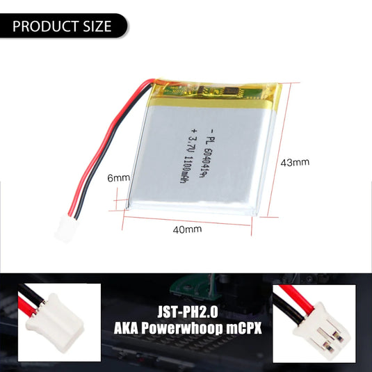 [PH2.0-JST Connector][604041] Universal 1100mAh 3.7V Rechargeable Li-Ion Lithium Polymer Battery - Polar Tech Australia