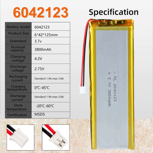 [PH2.0-JST Connector][6042123] Universal 3800mAh 3.7V Rechargeable Li-Ion Lithium Polymer Battery - Polar Tech Australia