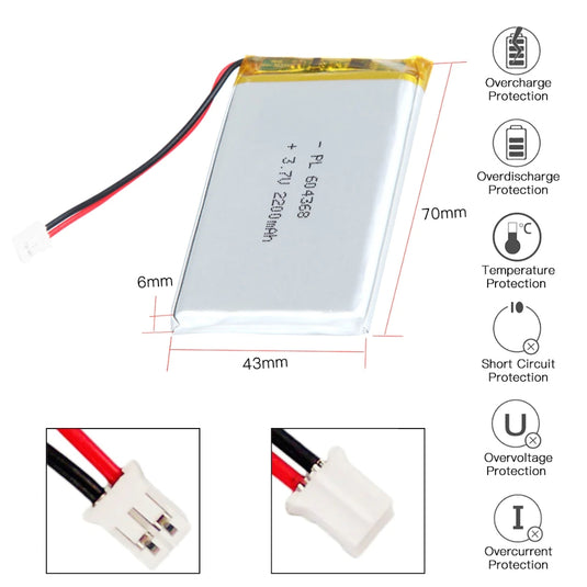 [PH2.0-JST Connector][604070] Universal 2200mAh 3.7V Rechargeable Li-Ion Lithium Polymer Battery - Polar Tech Australia