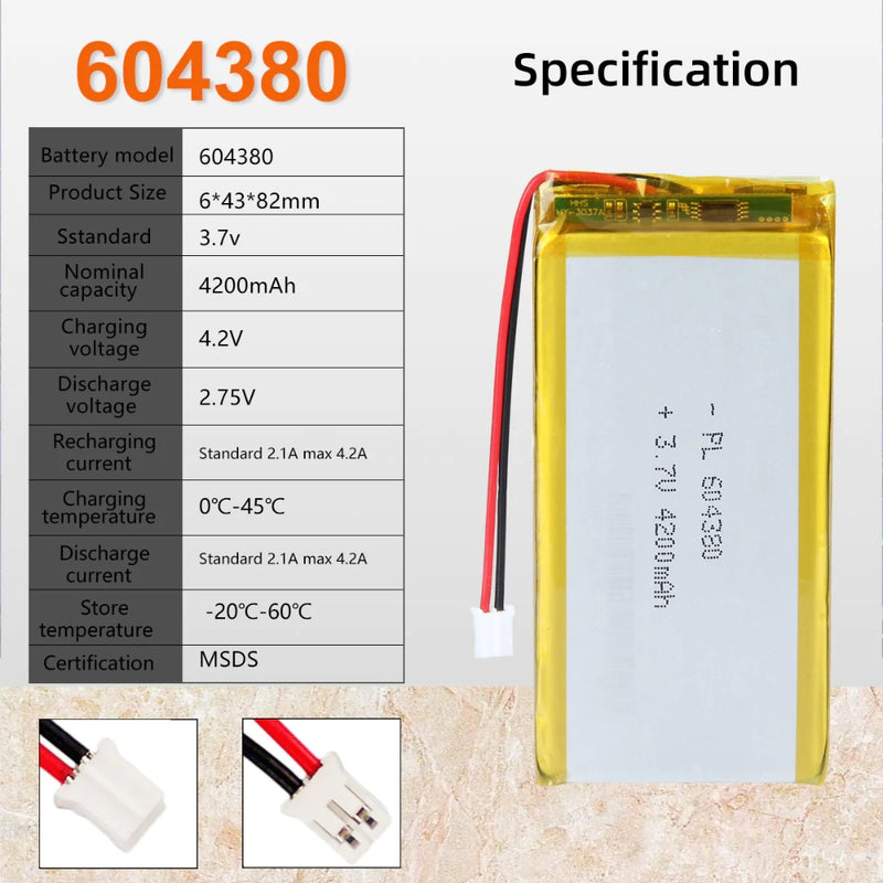 Load image into Gallery viewer, [PH2.0-JST Connector][604380] Universal 4200mAh 3.7V Rechargeable Li-Ion Lithium Polymer Battery - Polar Tech Australia
