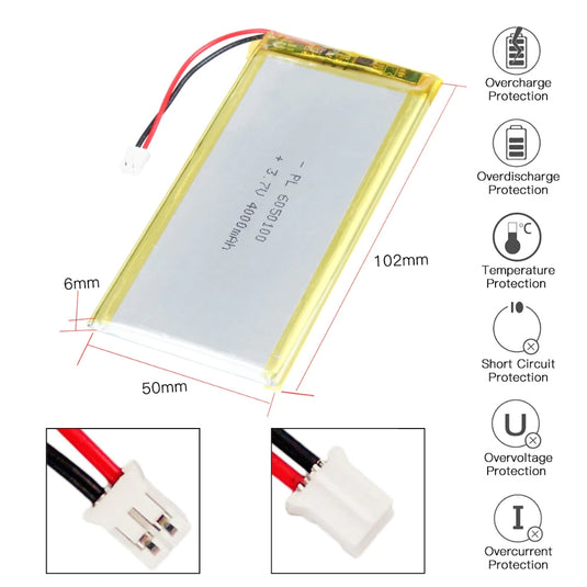 [PH2.0-JST Connector][6050100] Universal 4000mAh 3.7V Rechargeable Li-Ion Lithium Polymer Battery - Polar Tech Australia