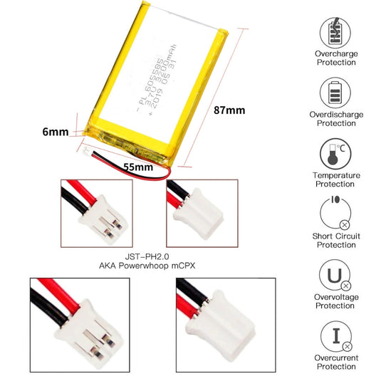 [PH2.0-JST Connector][605585] Universal 3200mAh 3.7V Rechargeable Li-Ion Lithium Polymer Battery - Polar Tech Australia