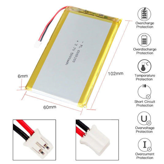 [PH2.0-JST Connector][6060100] Universal 5000mAh 3.7V Rechargeable Li-Ion Lithium Polymer Battery - Polar Tech Australia