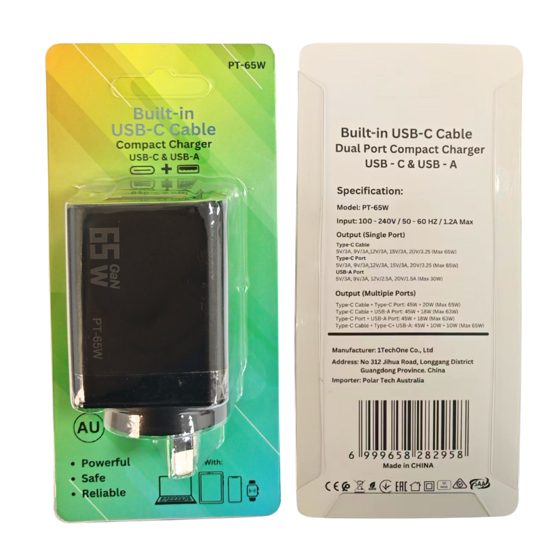Cargue la imagen en el visor de la galería, [PT-65W][With Built-in Cable] 65W Max PD USB-C Port iPhone 16 MacBook Laptop Wall Travelling Charger Adapter - (SAA Approved/AU Plug) - Polar Tech Australia
