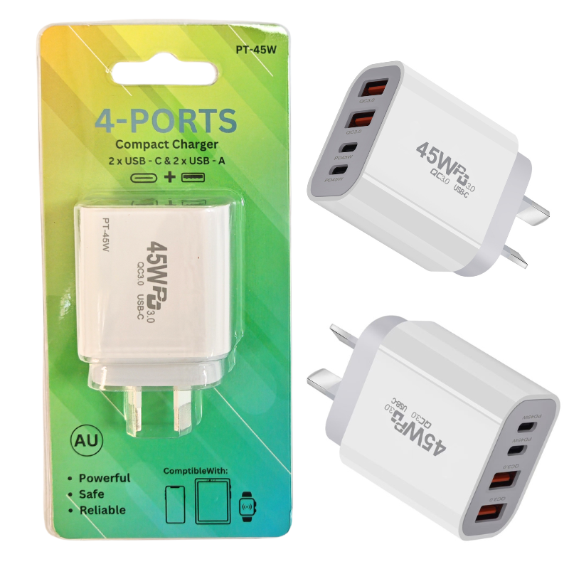 Load image into Gallery viewer, [PT-45W] 45W PD Type-C + QC 3.0 USB 4 Port Wall Travelling Charger Adapter -  (SAA Approved/AU Plug) - Polar Tech Australia
