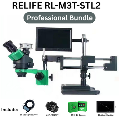 [RL-M3T-STL2 Professional Bundle] RELIFE 0.7x - 4.5x Trinocular HD Stereo Microscope + M-17 4K Camera + 10.1 Inch Monitor