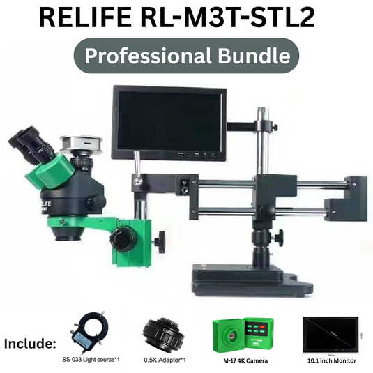 [RL-M3T-STL2 Professional Bundle] RELIFE 0.7x - 4.5x Trinocular HD Stereo Microscope + M-17 4K Camera + 10.1 Inch Monitor