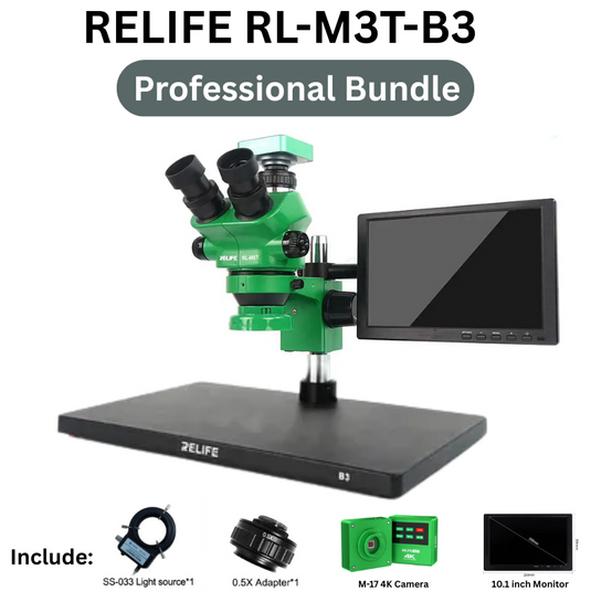 [RL-M3T-B3 Professional Bundle] RELIFE 0.7x - 4.5x Trinocular HD Stereo Microscope + M-17 4K Camera + 10.1 Inch Monitor