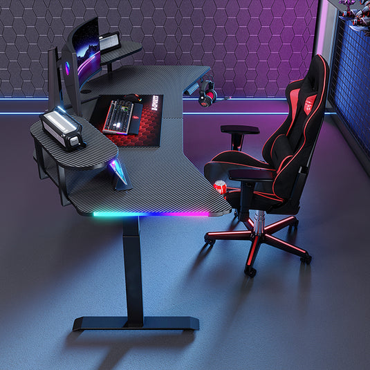 [Motorized Adjustable] Ultra Wide Large Gaming Desk with RBG LED Lights Carbon Fiber Surface with Cup Holder & Headphone Hook
