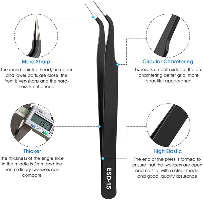 Cargue la imagen en el visor de la galería, 10-Piece Precision Tweezers Set – ESD Anti-Static Stainless Steel Kit with Storage Pouch
