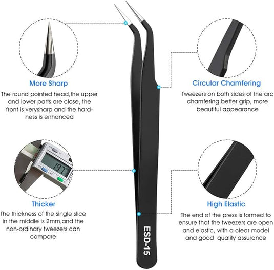 10-Piece Precision Tweezers Set – ESD Anti-Static Stainless Steel Kit with Storage Pouch
