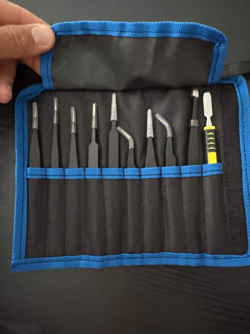 Cargue la imagen en el visor de la galería, 10-Piece Precision Tweezers Set – ESD Anti-Static Stainless Steel Kit with Storage Pouch
