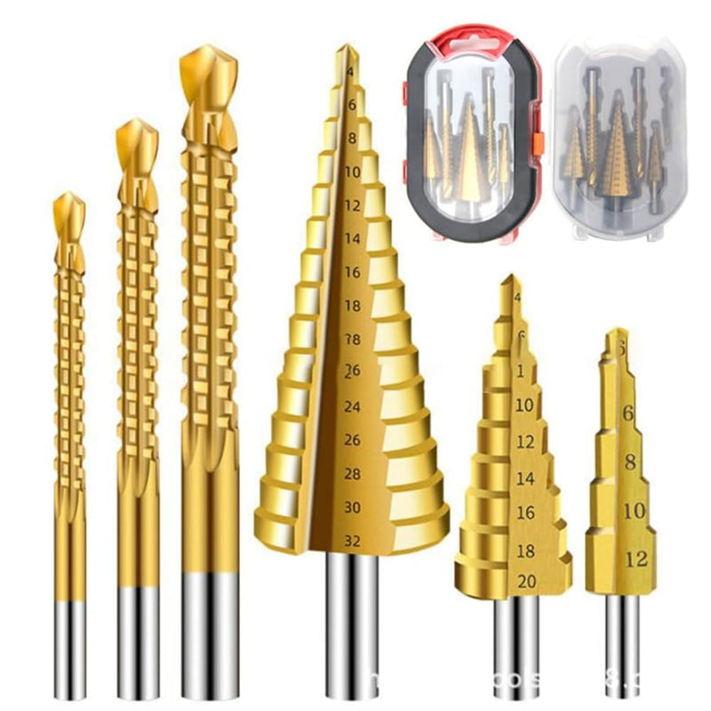 Cargue la imagen en el visor de la galería, [6 in 1] HSS Steel Metal Titanium Coated Drill Bit Set Multipurposed Metalworking, Woodworking, Hole Drilling, Multiple Holes Raised Bit

