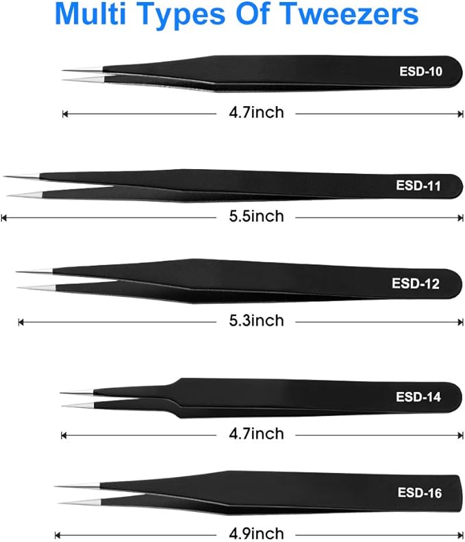 Cargue la imagen en el visor de la galería, 10-Piece Precision Tweezers Set – ESD Anti-Static Stainless Steel Kit with Storage Pouch
