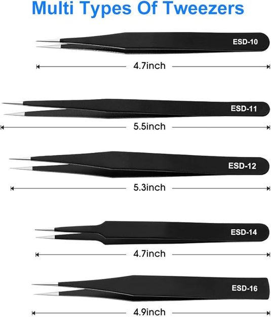 10-Piece Precision Tweezers Set – ESD Anti-Static Stainless Steel Kit with Storage Pouch