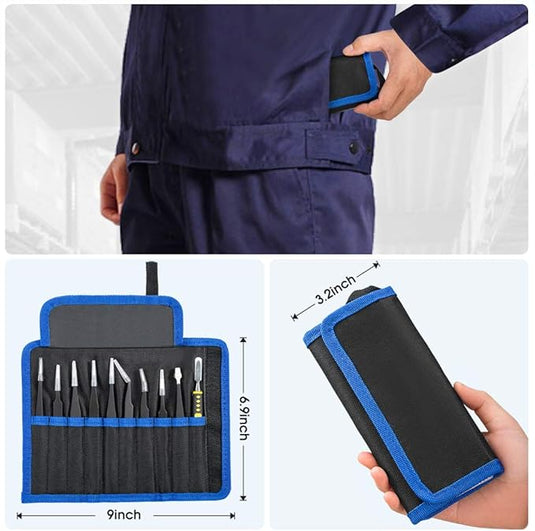 10-Piece Precision Tweezers Set – ESD Anti-Static Stainless Steel Kit with Storage Pouch