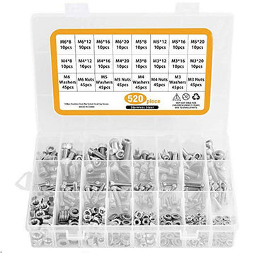 [520 Pieces] Stainless Steel M3 M4 M5 M6 Hex Socket Screws, Bolts, Nuts & Washers Set with Storage Box