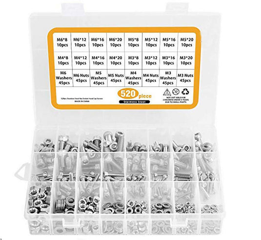 [520 Pieces] Stainless Steel M3 M4 M5 M6 Hex Socket Screws, Bolts, Nuts & Washers Set with Storage Box