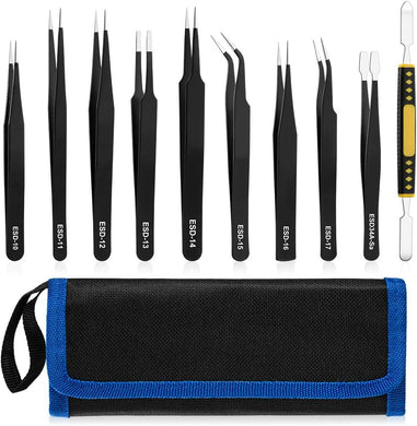 10-Piece Precision Tweezers Set – ESD Anti-Static Stainless Steel Kit with Storage Pouch