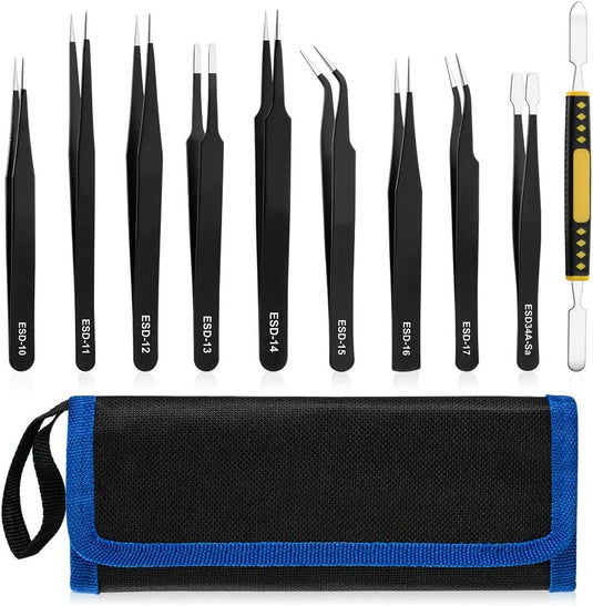 10-Piece Precision Tweezers Set – ESD Anti-Static Stainless Steel Kit with Storage Pouch