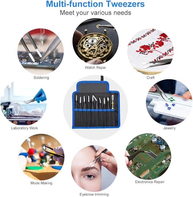 Cargue la imagen en el visor de la galería, 10-Piece Precision Tweezers Set – ESD Anti-Static Stainless Steel Kit with Storage Pouch
